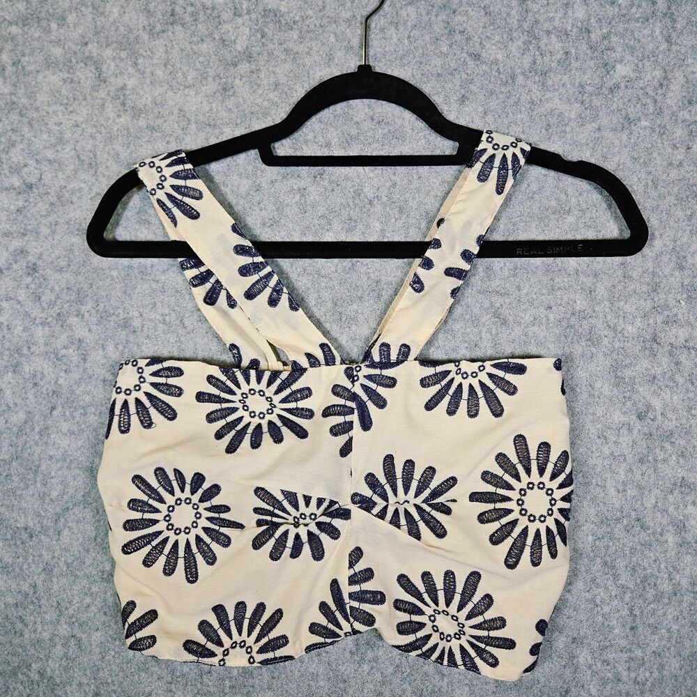 Womens Cream Blue Embroidered Floral Crop Strappy Bohemian Vacation Top Size L